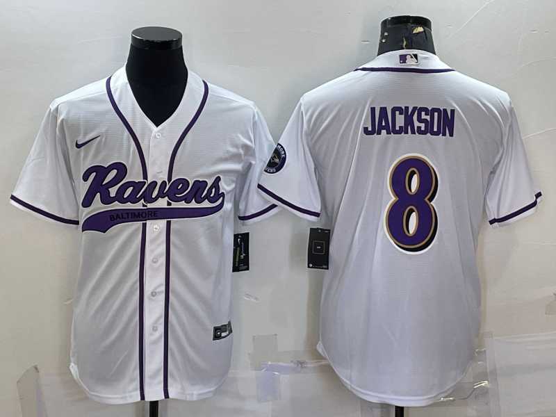 Mens Baltimore Ravens #8 Lamar Jackson White With Patch Cool Base Stitched Baseball Jersey->baltimore ravens->NFL Jersey